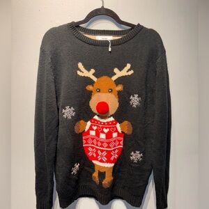 Daisys Boutique Christmas Sweater XL Black Rudolf Reindeer Pom Pom  Nose NWOT‎